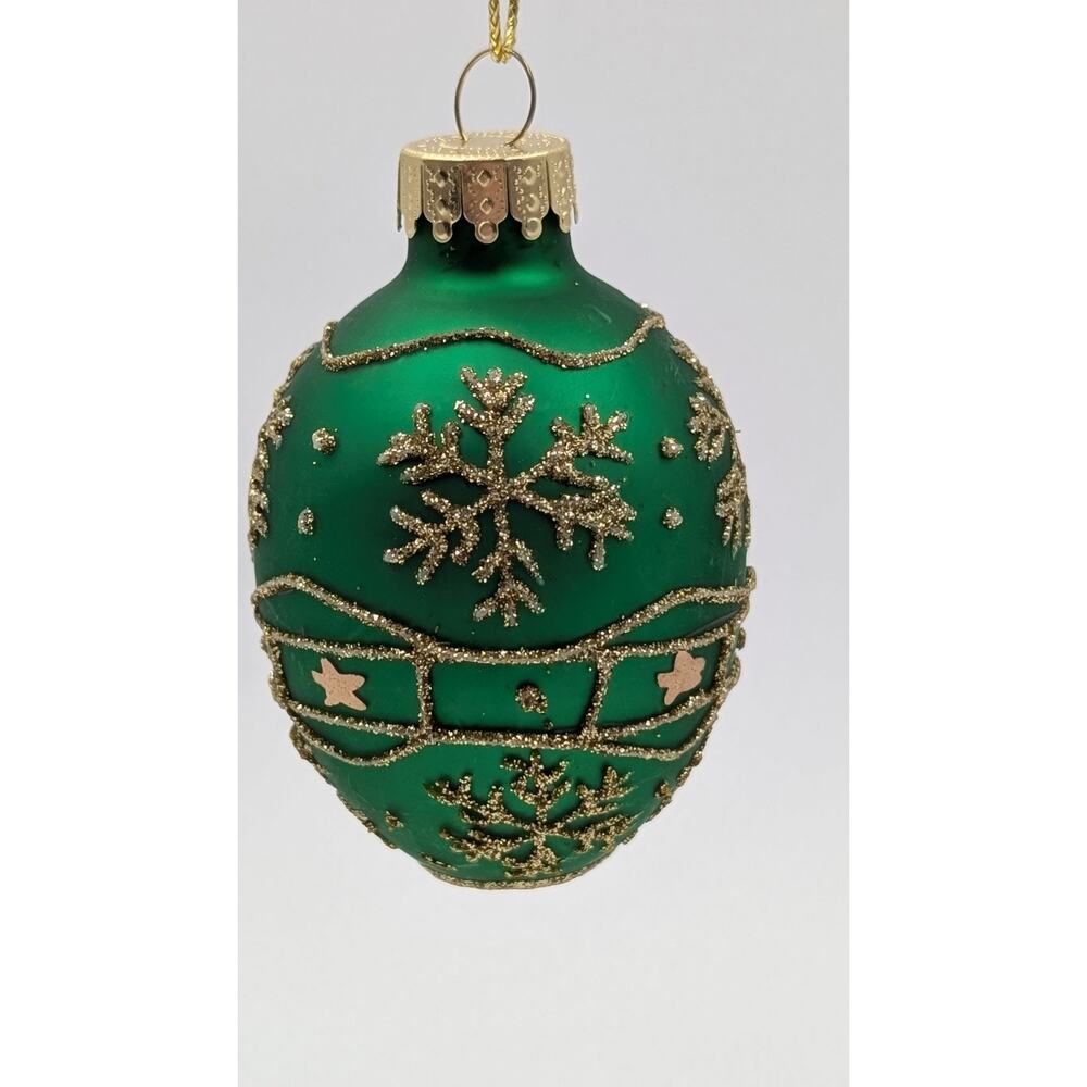 Vintage Green Glass Christmas Ornament Snowflake Design Glitter Gold Cap Made in